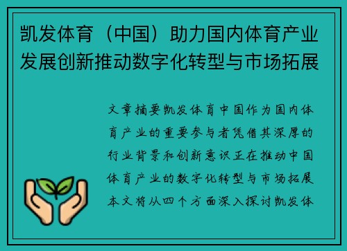 凯发体育（中国）助力国内体育产业发展创新推动数字化转型与市场拓展